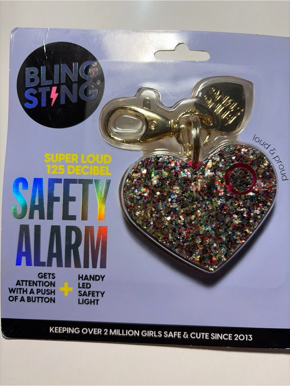 Bling Sting  Multicolor Glitter Heart Keychain Safety Alarm NEW